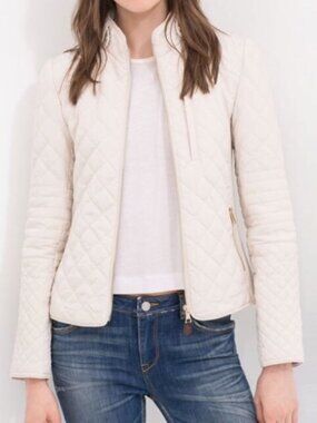 Zara Moto Quilted Jacket, Fitted, Zip Front, Ivory - Womens Medium